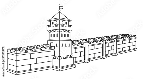 Panoramic View of Great Wall of China Section with Detailed Watchtower on Isolated White Background