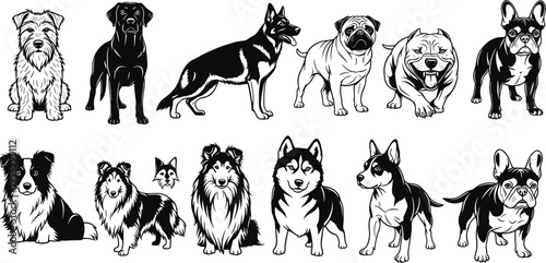 Large collection of black and white dog silhouettes featuring various breeds like german shepherd pitbull pug french bulldog and husky standing in side view vector.