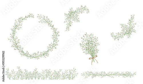 Photos Watercolor Baby's Breath Floral Bundle Set: Elegant Collection of Wreath, Bouque