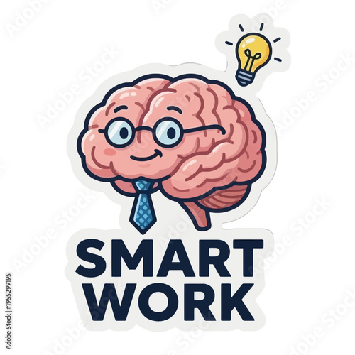 Brain Wearing a Tie Sticker | Cute Smart Work Illustration | Adorable Brainy Kawaii Sticker Art | Playful Productivity and Intelligence Sticker Design | Whimsical Professional Brain Sticker