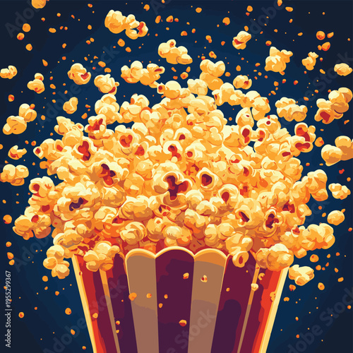Close-up of freshly popped, fluffy popcorn emerging from a machine, illuminated , vector style simple color