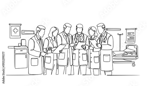 Continuous one line drawing doctors discussing patient diagnosis medical team meeting vector illustration isolated on white