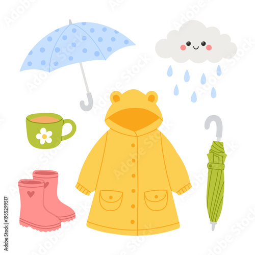Cute rain set with yellow coat, umbrella, boots, cloud and drops. Cartoon weather elements isolated on white background. Autumn, spring rainy season concept for children design, print, sticker