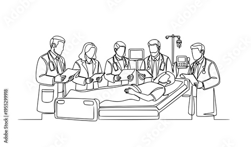 Single line drawing medical team diagnosing patient in hospital bed collaborative healthcare vector illustration isolated on white