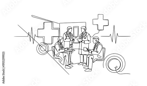 Abstract continuous line drawing doctors medical meeting healthcare concept modern vector illustration isolated on white background