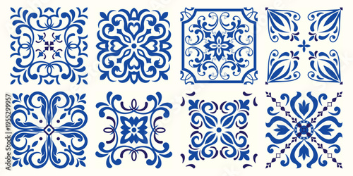 Collection of 8 flower Azulejo tiles. Seamless colorful patterns in azulejo style. Floor tile oriental collection seamless textures. Portugal spanish ceramics. Vector