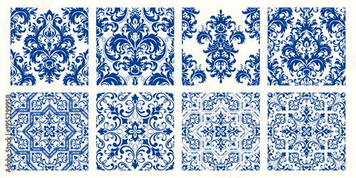 Collection of 10 flower Azulejo tiles. Seamless colorful patterns in azulejo style. Floor tile oriental collection seamless textures. Portugal spanish ceramics. Vector