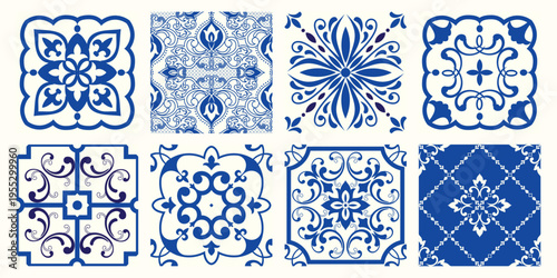 Collection of 8 flower Azulejo tiles. Seamless colorful patterns in azulejo style. Floor tile oriental collection seamless textures. Portugal spanish ceramics. Vector
