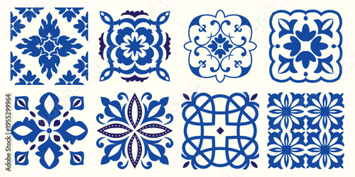 Collection of 10 flower Azulejo tiles. Seamless colorful patterns in azulejo style. Floor tile oriental collection seamless textures. Portugal spanish ceramics. Vector