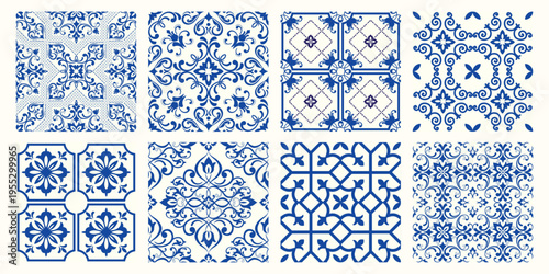 Collection of 10 flower Azulejo tiles. Seamless colorful patterns in azulejo style. Floor tile oriental collection seamless textures. Portugal spanish ceramics. Vector