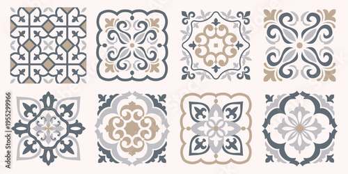 Collection of 8 flower Azulejo tiles. Seamless colorful patterns in azulejo style. Floor tile oriental collection seamless textures. Portugal spanish ceramics. Vector