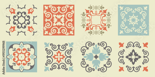 Collection of 10 flower Azulejo tiles. Seamless colorful patterns in azulejo style. Floor tile oriental collection seamless textures. Portugal spanish ceramics. Vector