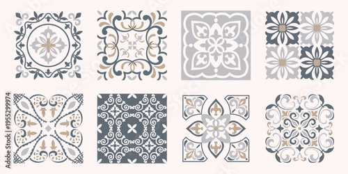 Collection of 8 flower Azulejo tiles. Seamless colorful patterns in azulejo style. Floor tile oriental collection seamless textures. Portugal spanish ceramics. Vector