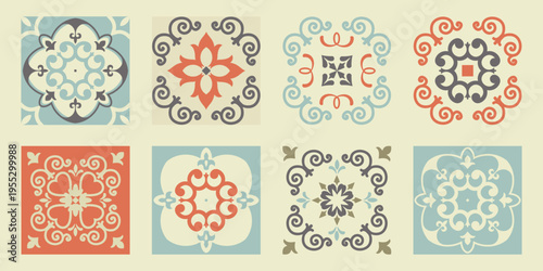 Collection of 8 flower Azulejo tiles. Seamless colorful patterns in azulejo style. Floor tile oriental collection seamless textures. Portugal spanish ceramics. Vector