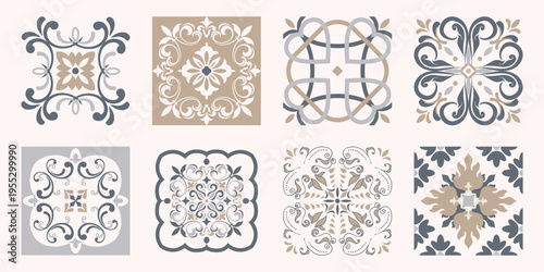 Collection of 10 flower Azulejo tiles. Seamless colorful patterns in azulejo style. Floor tile oriental collection seamless textures. Portugal spanish ceramics. Vector