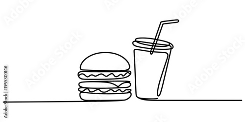 Continuous one line drawing of a delicious hamburger and a soft drink with a straw. Vector, illustration