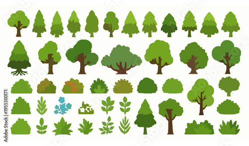 Big Cartoon Trees Bushes and Plants Vector Set Green Nature Foliage Collection
