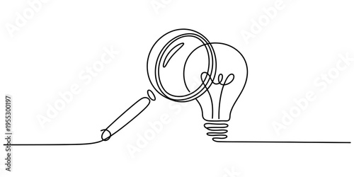 Continuous line drawing of a magnifying glass over a light bulb symbolizing discovery and innovation. Vector, illustration