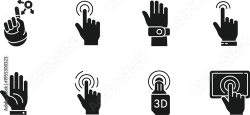 Touchscreen Gestures and Interactive Technology Icon Set with Hand Pointers, Wearable Sensors, and 3D Virtual Reality Controls for Mobile App UI, Digital Marketing, and UX Design