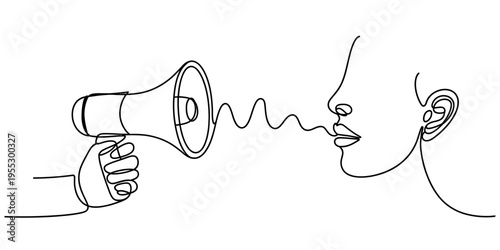 Continuous line drawing of a person's face and a hand holding a loud megaphone Vector, illustration
