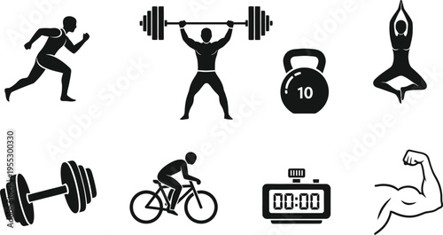 Fitness and Gym Icon Set with Workout Symbols including Running, Weightlifting, Cycling, Yoga, and Bodybuilding for Health App UI, Sports Marketing, and Exercise Training Infographics