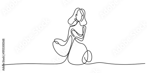 Elegant continuous line drawing of a woman in a flowing dress against a white background. Vector, illustration