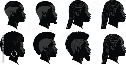 African hairstyle silhouettes collection, black men women profiles, braids afro mohawk styles, diversity beauty icons, cad drawing flat vector illustration
