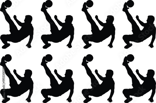 Silhouette of a soccer player performing a bicycle kick with a soccer ball, isolated on a white background, graphic illustration.