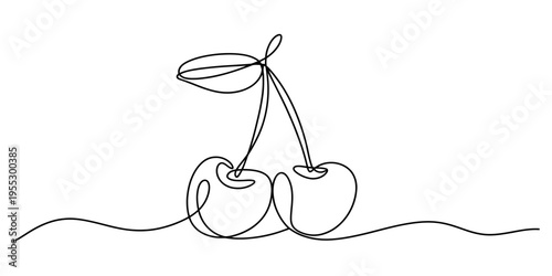 Continuous line drawing of two cherries with a leaf on a white background in minimalist style. Vector, illustration