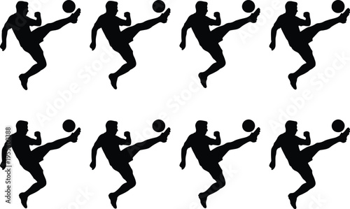 Silhouette of eight soccer players kicking a ball, action shot of football game, dynamic sports illustration.