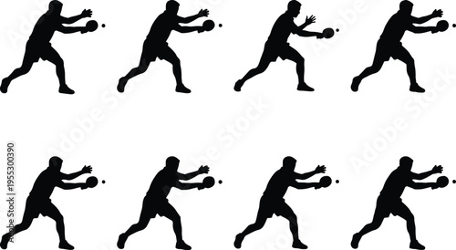 Silhouettes of a table tennis player in action, serving or returning a ball with a paddle, isolated on white, dynamic sport illustration.