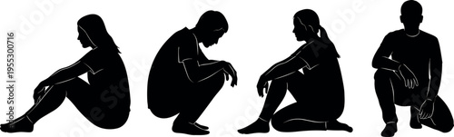 Set of silhouettes representing depressed people sitting and crouching in lonely poses depicting sadness grief anxiety stress and mental health