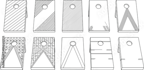 Cornhole boards design set, bean bag toss game board patterns collection, cad drawing flat vector illustration isolated on white background