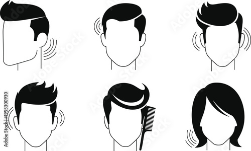 Hair cutting and styling process icons with different haircut steps barber comb grooming hairstyle transformation vector illustration set