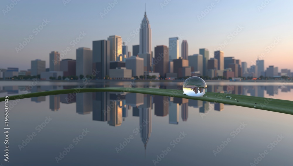 Obraz premium Breathtaking cityscape reflection of New York City skyline on a calm water surface with a crystal glass ball resting on a grassy edge at sunrise