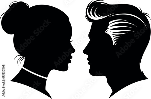 Vector Silhouette of a Fashionable Young Couple Facing Each Other Featuring a Woman with a Bun and Man with Pompadour