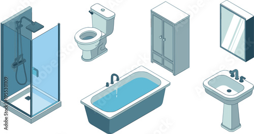 Bathroom fixtures illustration set, shower cabin toilet bathtub sink furniture mirror, modern sanitary ware interior plumbing vector