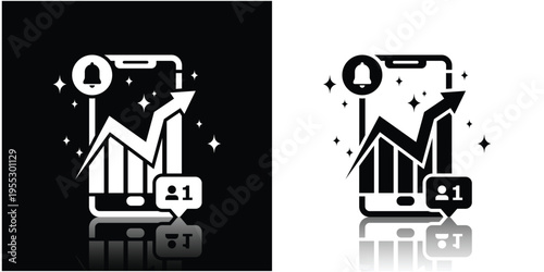 Social Media Growth Icon with Smartphone, Upward Chart, and Marketing Elements Silhouette