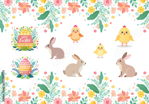 ハッピーイースターのベクターイラストセット、可愛いウサギ、ヒヨコとイースターエッグ