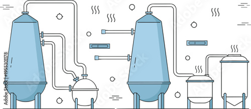 Industrial processing tanks vector illustration featuring chemical reactors pipelines storage vessels and factory equipment in clean line art design