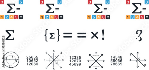 Mathematical symbols and summation notation vector set featuring sigma factorial equations diagrams and numeric examples in clean educational illustration design