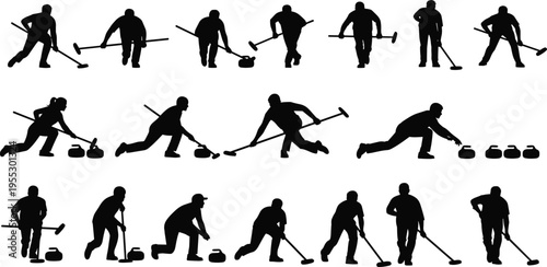 Curling Player Silhouette Set, Winter Sport Action Poses, Team Competing On Ice, Sweeping And Stone Delivery, Athlete Training Vector Illustration, Cad Drawing Flat Vector Illustration