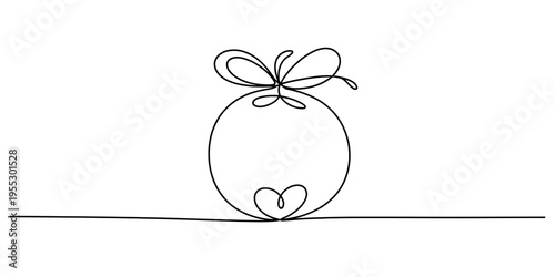 Single continuous line drawing of a round gift box with a bow and a heart inside Vector, illustration