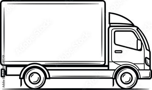 Delivery box truck line art illustration, cargo transport vehicle logistics concept design, cad drawing flat vector illustration