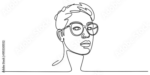 Minimalist continuous line drawing of a woman wearing large glasses with a short stylish haircut. Vector, illustration