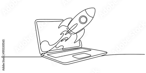 Continuous line drawing of a rocket ship launching from a laptop screen for startup concept Vector, illustration