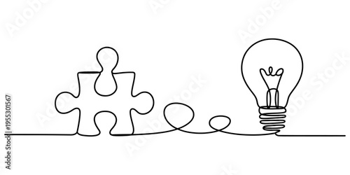 Continuous line drawing of a jigsaw puzzle piece and a light bulb representing creative ideas. Vector, illustration