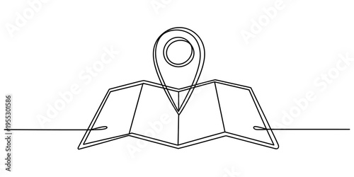 Minimalist one line art of a paper map and a navigation pin for travel and direction concept Vector, illustration