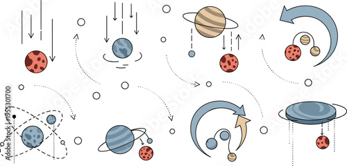 Planet motion and gravity vector illustration featuring orbit rotation attraction solar system dynamics and space physics concepts in modern flat design icon set