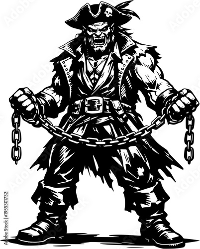Pirate With Chains Aggressive Buccaneer Warrior Black and White Vector